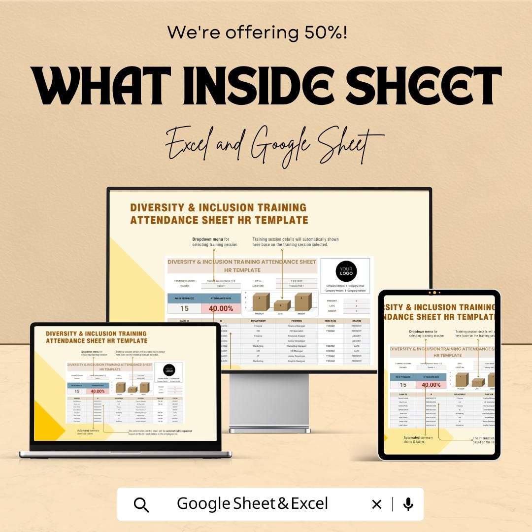 Diversity & Inclusion Training Attendance Sheet | HR Attendance Tracker Template | Excel andGoogle Sheets | Employee Training Record