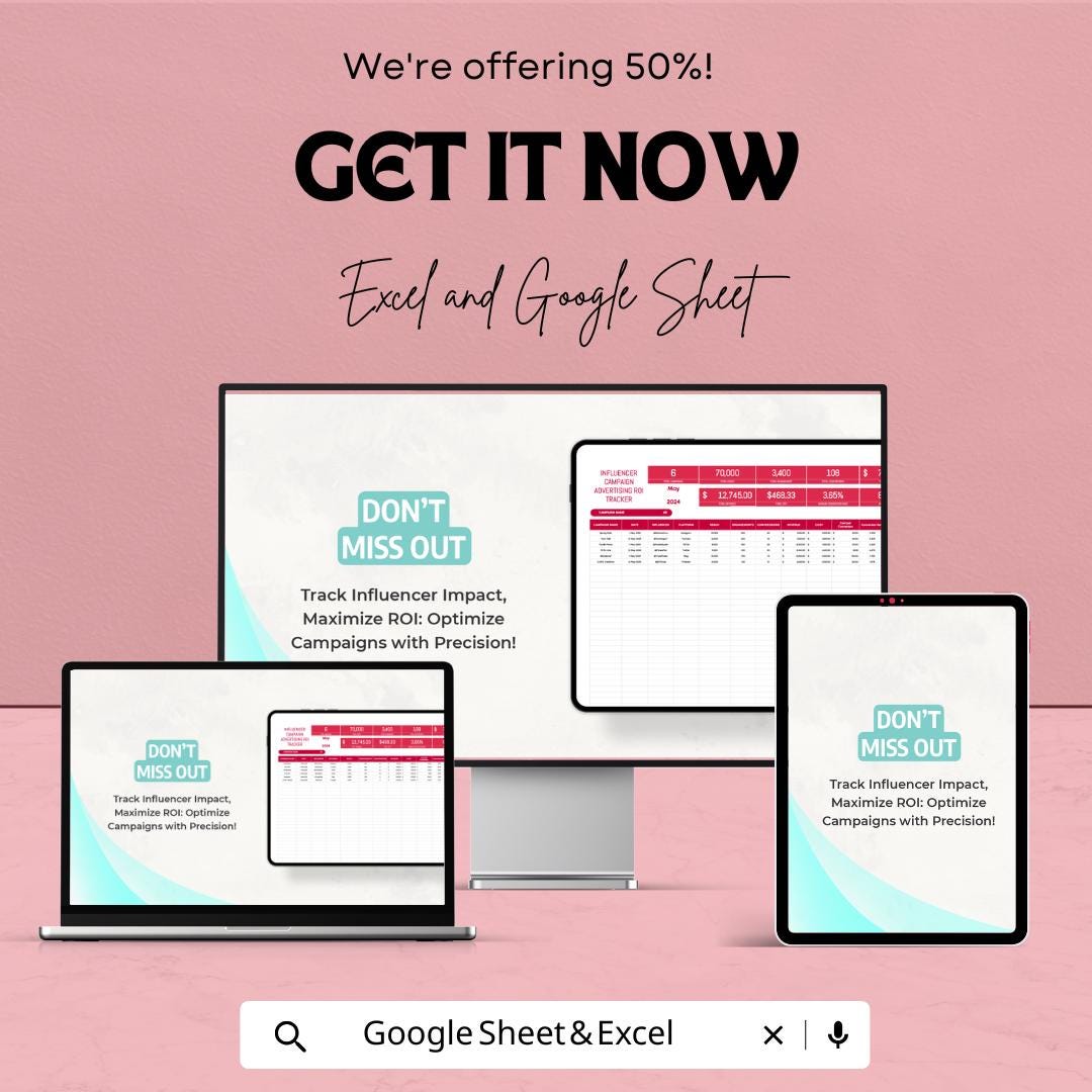 Influencer Campaign Advertising ROI Tracker Template | Influencer Marketing Analytics, Ad Performance & ROI Spreadsheet