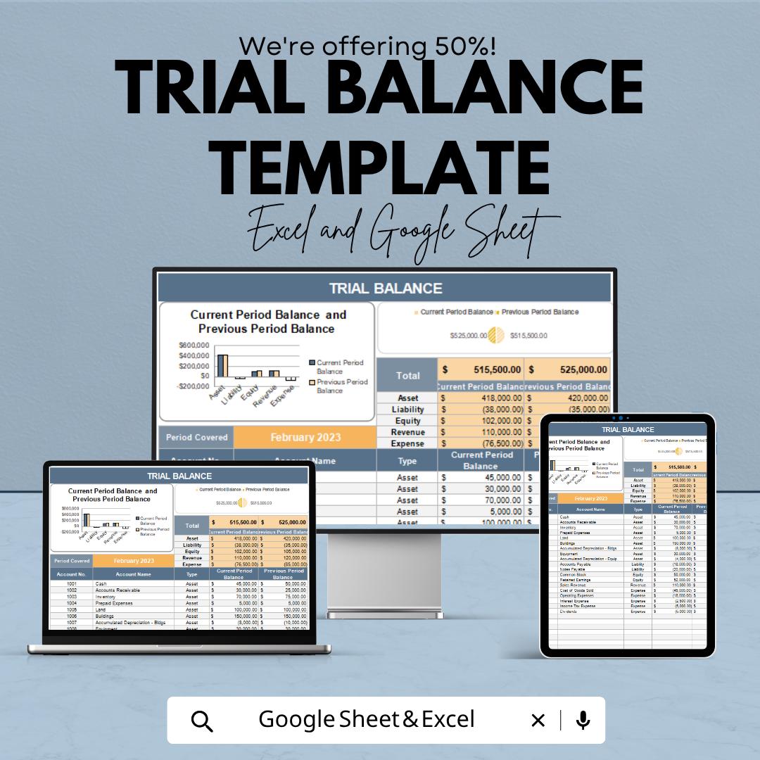 Trial Balance Template | Accounting Spreadsheet | Financial Statement Template | Excel & Google Sheets | Bookkeeping Balance Sheet Tracker
