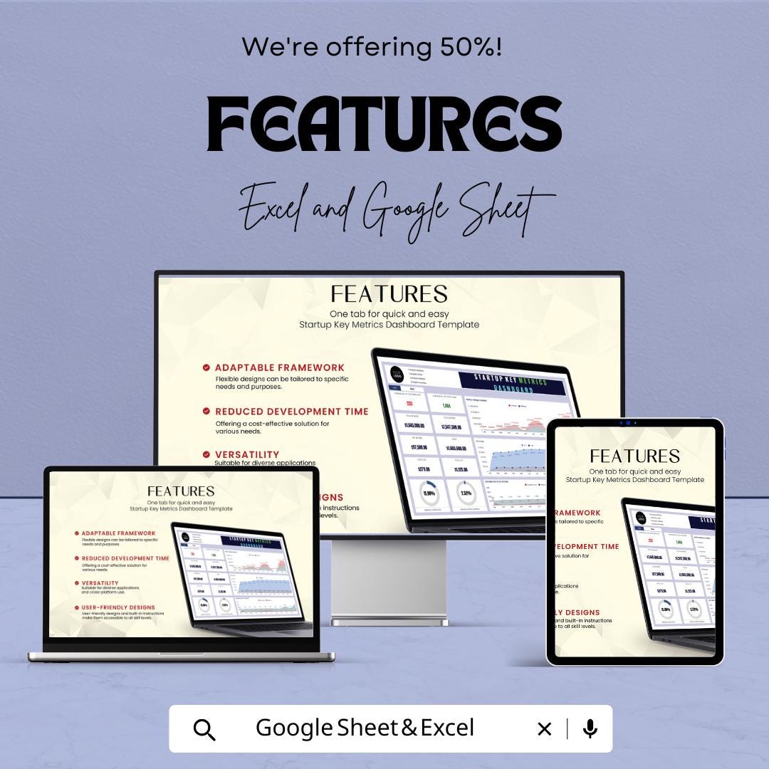 Startup Key Metrics Dashboard Template | Business KPI Dashboard Spreadsheet | Investor Metrics Tracker | Excel & Google Sheets