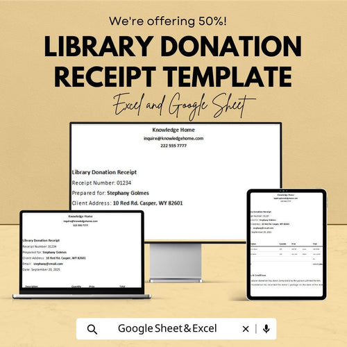 Library Donation Receipt Template | Nonprofit Donation Tracker | Charity Receipt Template | Printable Donation Record