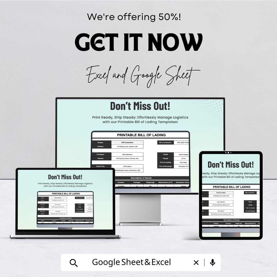 Printable Bill of Lading Sheet - Editable Excel & Google Sheet Template for Easy Shipment Tracking