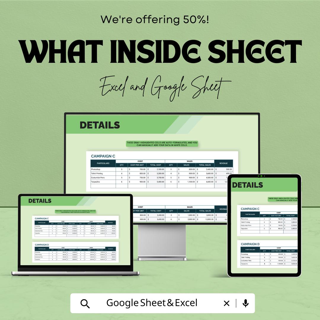 Marketing ROI Calculator Template | Excel and Google Sheets ROI Tracker | Marketing Cost and Revenue Analysis | Campaign Performance Report