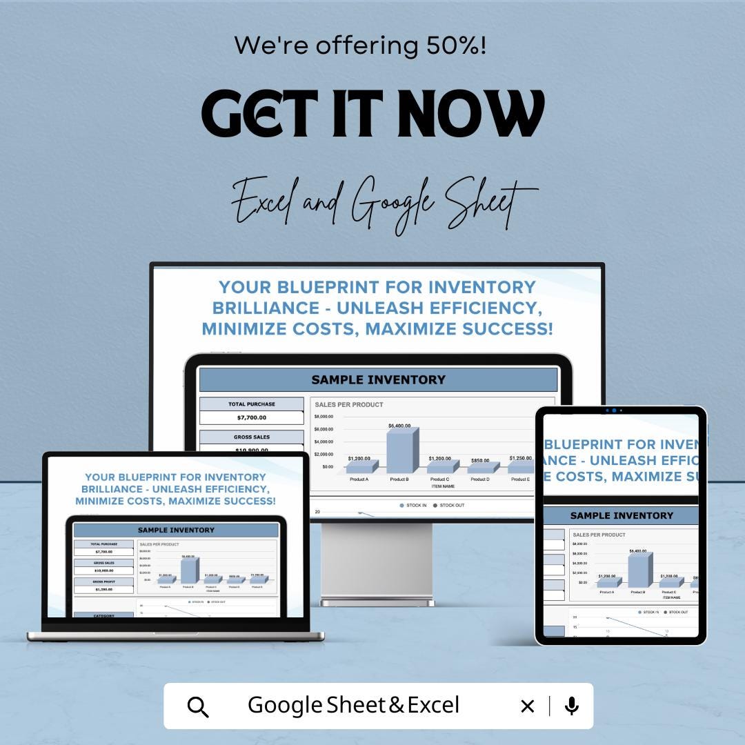 Sample Inventory Template | Excel & Google Sheets | Inventory Tracker | Stock Management | Sales Dashboard | Editable Business Spreadsheet