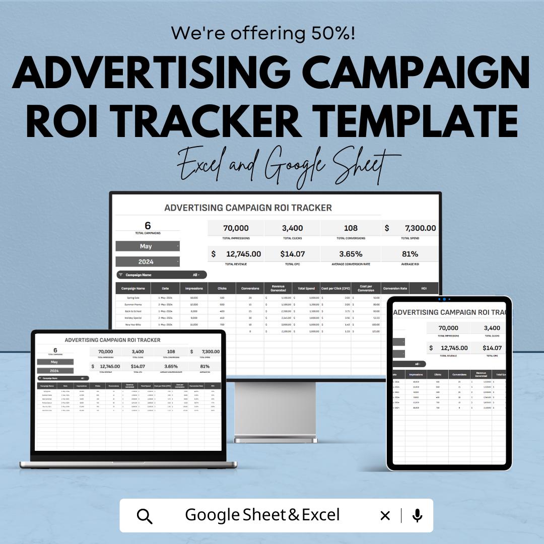 Advertising Campaign ROI Tracker Template, Marketing ROI Spreadsheet, Ad Performance Tracker Excel, Campaign ROI Calculator