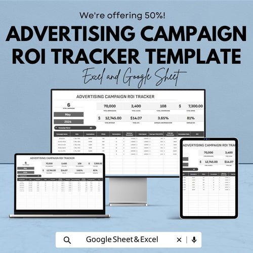 Advertising Campaign ROI Tracker Template, Marketing ROI Spreadsheet, Ad Performance Tracker Excel, Campaign ROI Calculator