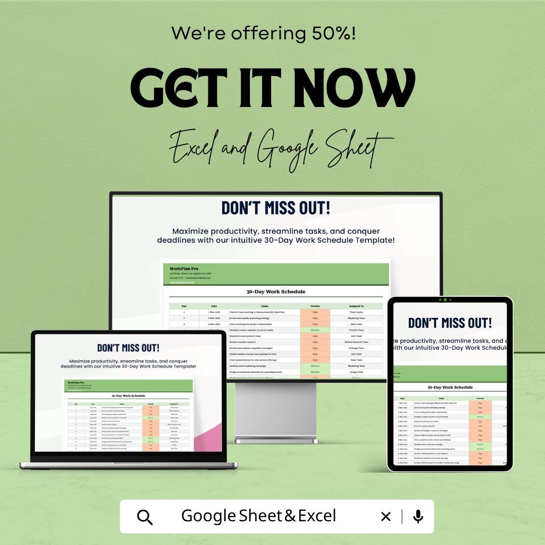 30-Day Work Schedule Template | Work Schedule Spreadsheet | Task Management Planner | Productivity Schedule Sheet