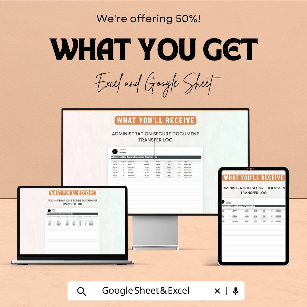 Secure Document Transfer Log, Admin Document Tracker, Document Control Log, Office File Transfer Sheet, Excel & Google Sheets