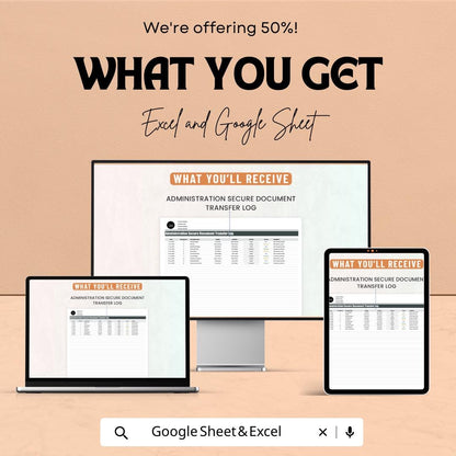 Secure Document Transfer Log, Admin Document Tracker, Document Control Log, Office File Transfer Sheet, Excel & Google Sheets