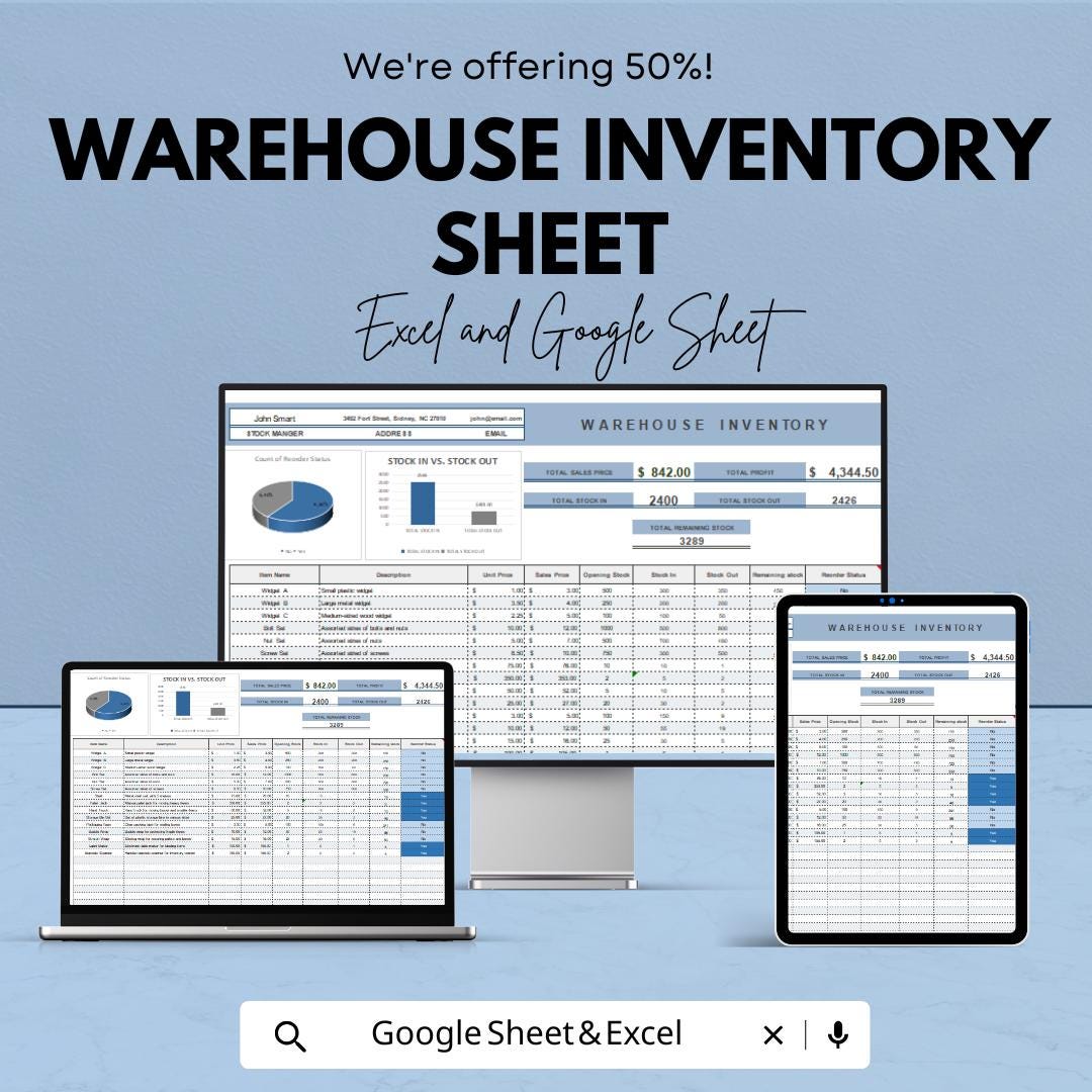 Warehouse Inventory Sheet - Excel & Google Sheet Template - Inventory Management, Stock Control, Business Spreadsheet