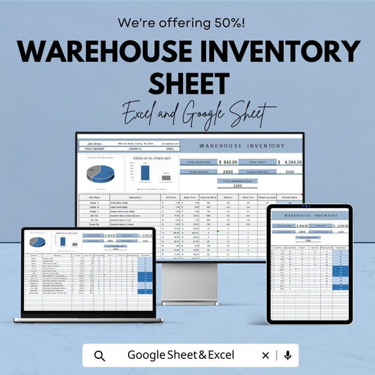 Warehouse Inventory Sheet - Excel & Google Sheet Template - Inventory Management, Stock Control, Business Spreadsheet