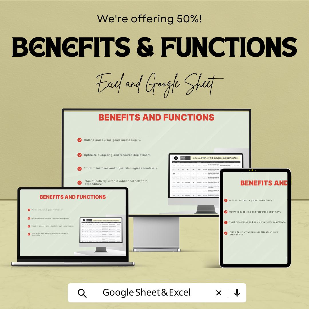 Chemical Inventory Template Excel, Hazard Communication Log, OSHA SDS Register, HR Safety Tracker, Google Sheets Chemical Inventory