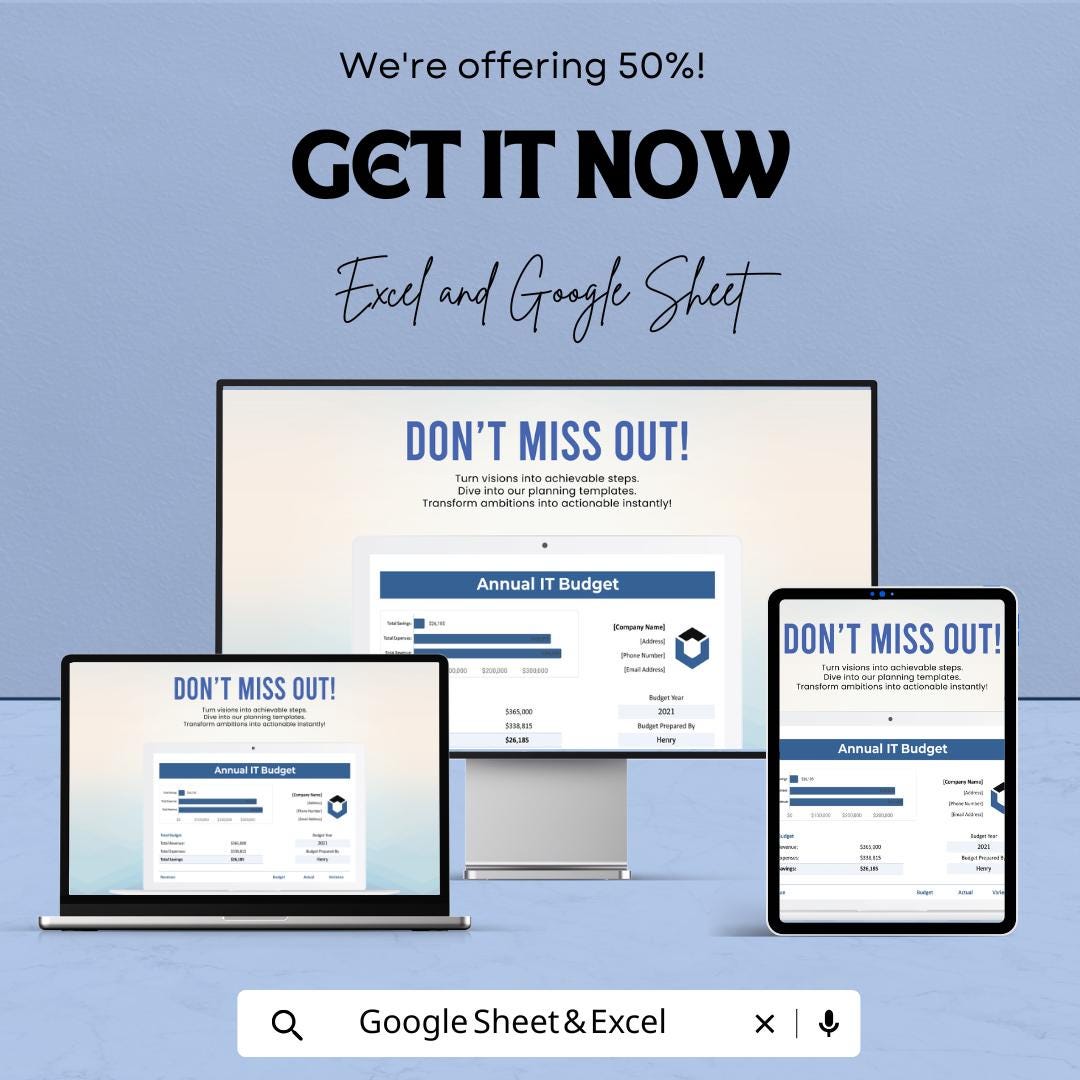 Annual IT Budget Template | IT Budget Spreadsheet | Excel & Google Sheets | Technology Expense Tracker | Business Budget Planner