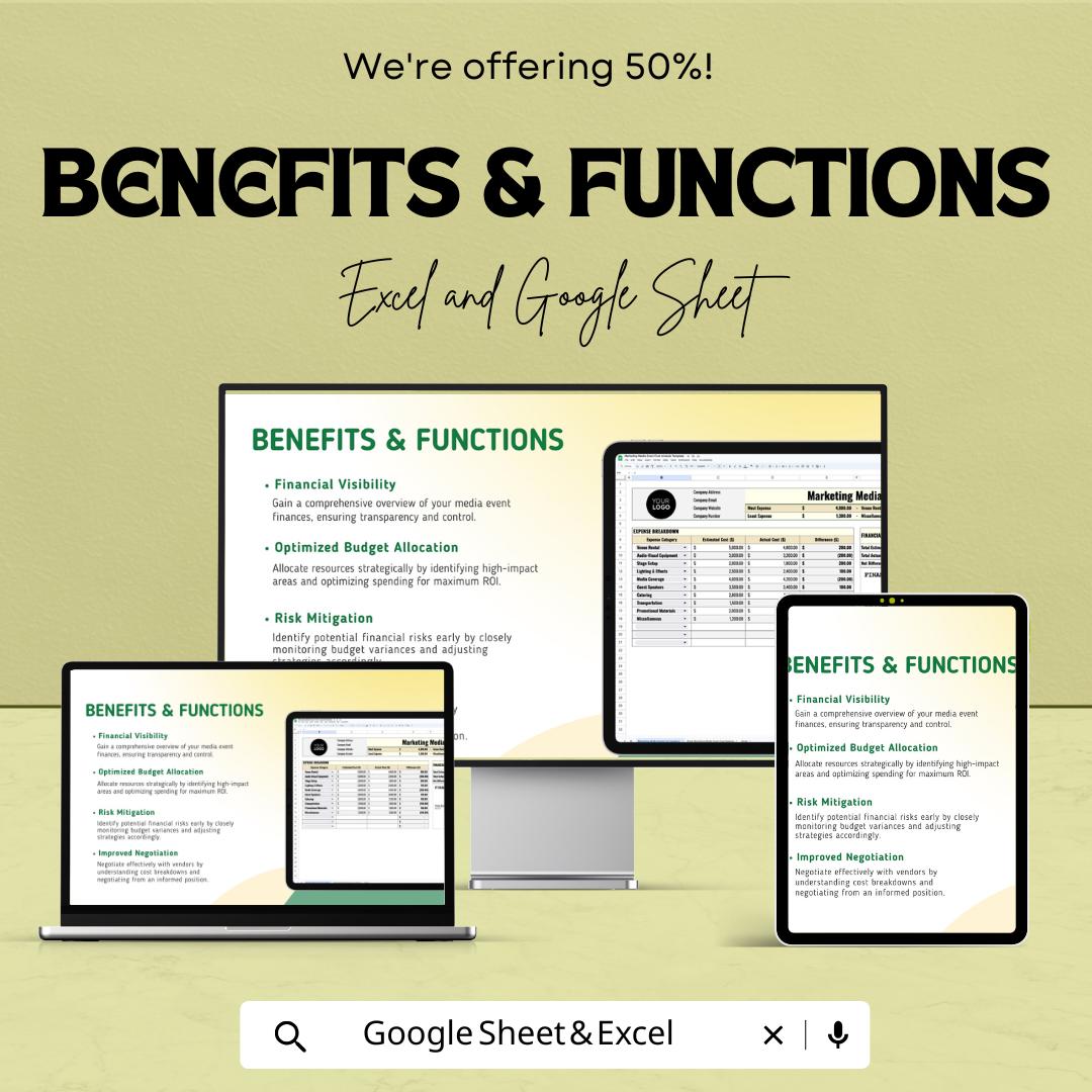 Marketing Media Event Cost Analysis Template | Excel & Google Sheets Budget Planner | Event Expense Tracker | Financial Summary Dashboard