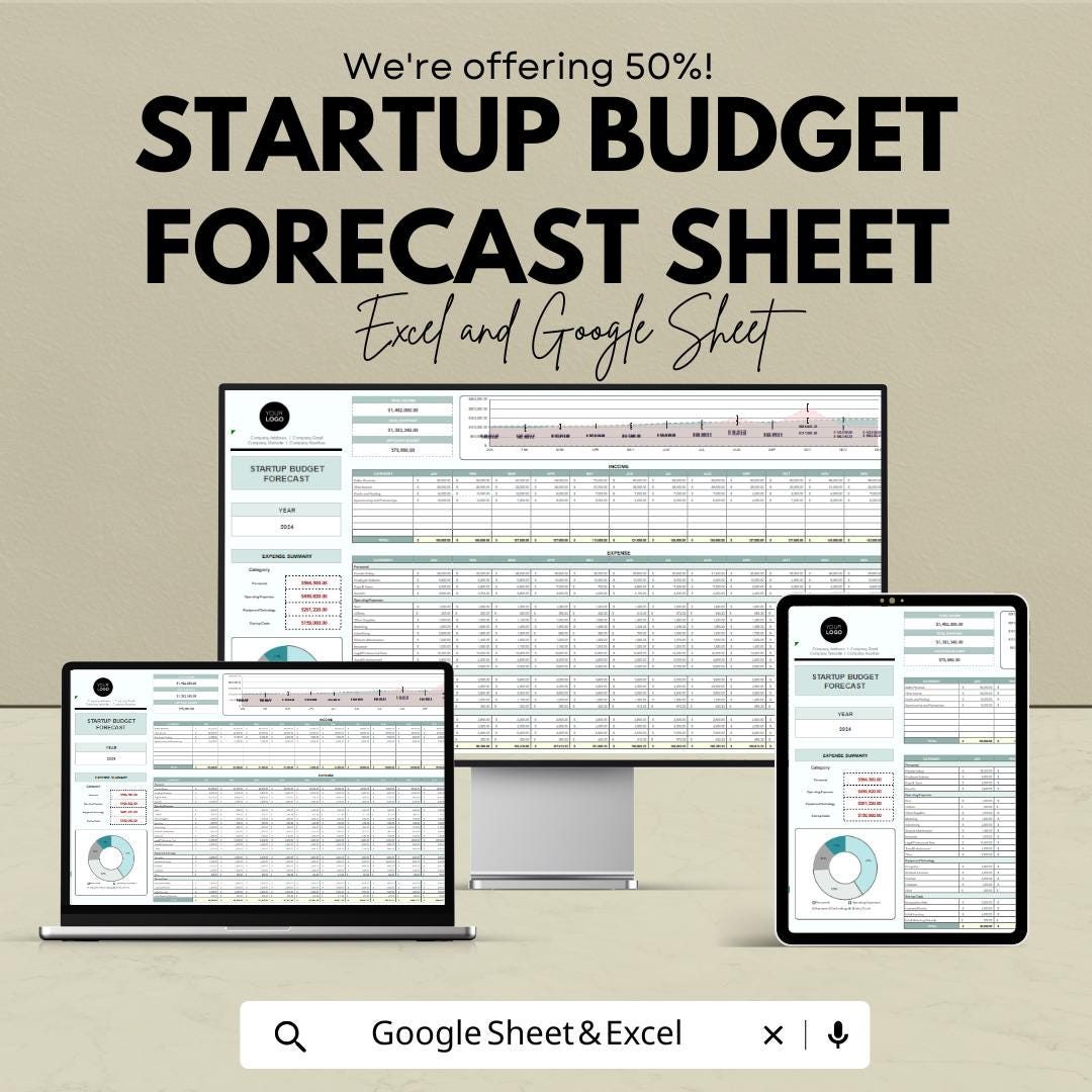 Startup Budget Forecast Spreadsheet | Google Sheets & Excel Template | Business Budget Planner | Expense Tracker | Financial Forecast Tool