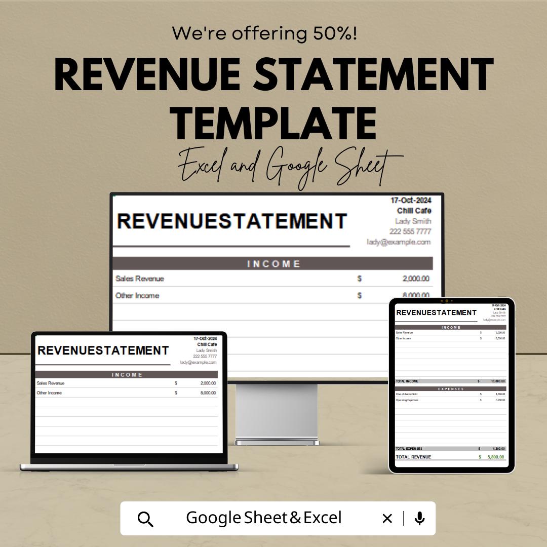 Revenue Statement Template | Excel & Google Sheets Income Statement | Business Revenue Tracker | Financial Statement Spreadsheet