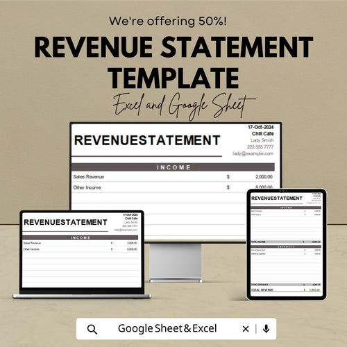 Revenue Statement Template | Excel & Google Sheets Income Statement | Business Revenue Tracker | Financial Statement Spreadsheet