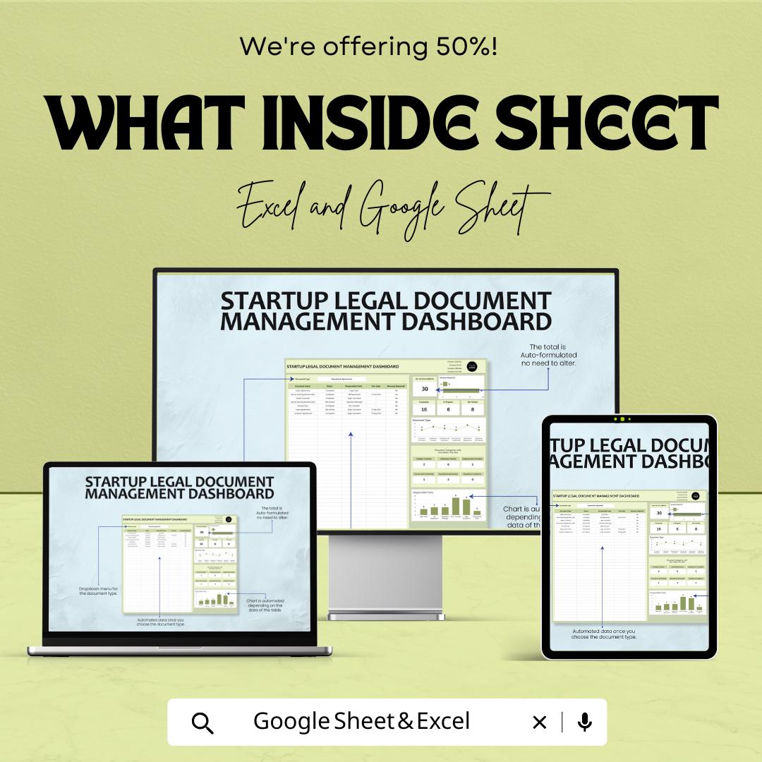 Startup Legal Document Management Dashboard Template | Excel & Google Sheets | Legal Document Tracker | Business Legal Spreadsheet