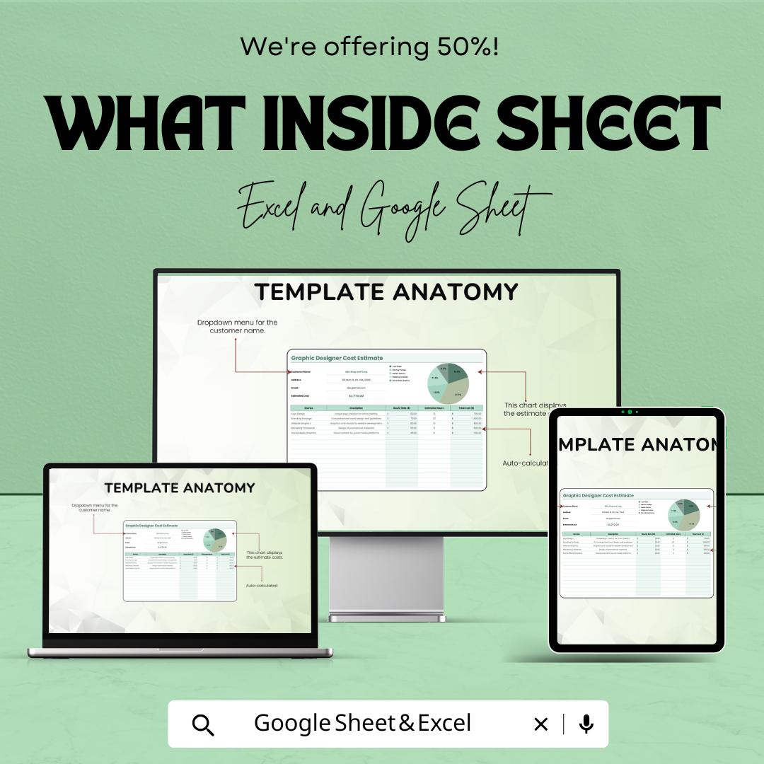 Graphic Designer Cost Estimate Sheet | Excel and Google Sheets | Freelance and Agency Template | Budgeting & Pricing Tool |