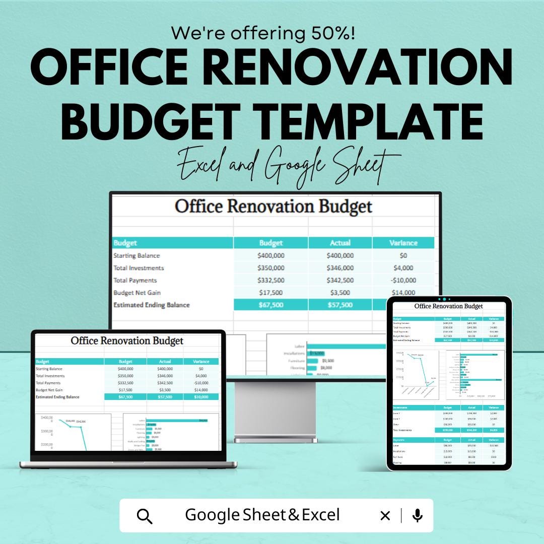 Office Renovation Budget Template | Excel & Google Sheets | Office Remodel Budget Planner | Renovation Cost Tracker | Editable Spreadsheet