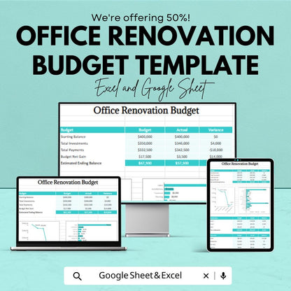 Office Renovation Budget Template | Excel & Google Sheets | Office Remodel Budget Planner | Renovation Cost Tracker | Editable Spreadsheet