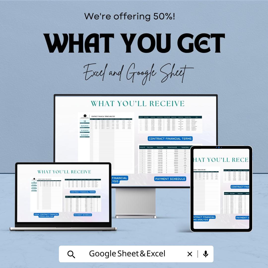 Legal Contract Financial Terms Analysis Template | Contract Payment and Financial Analysis | Excel & Google Sheets Spreadsheet