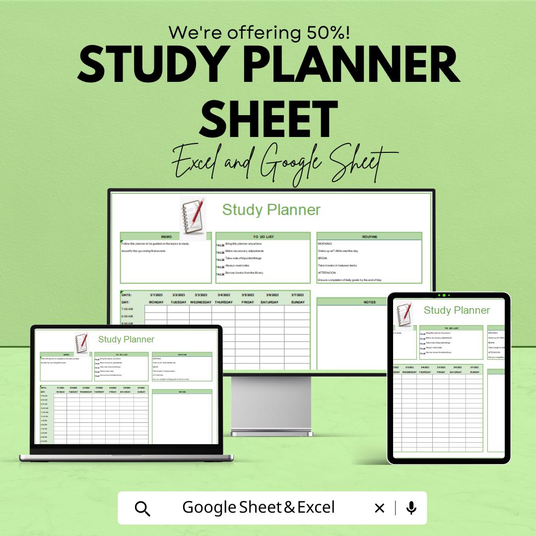 Study Planner Sheet | Excel & Google Sheets | Weekly Study Schedule | Academic Tracker | Digital Student Organizer