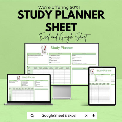Study Planner Sheet | Excel & Google Sheets | Weekly Study Schedule | Academic Tracker | Digital Student Organizer
