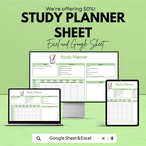 Study Planner Sheet | Excel & Google Sheets | Weekly Study Schedule | Academic Tracker | Digital Student Organizer