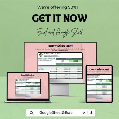 Profit and Loss Account Template | Profit and Loss Statement | Excel and Google Sheets Income Statement | P&L Report Template for Business