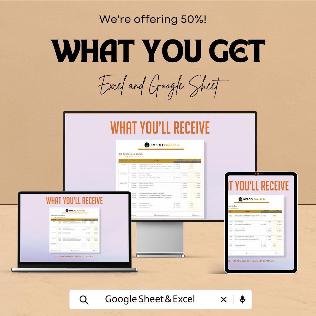 Self Employment Ledger Template | Small Business Bookkeeping Spreadsheet | Income Expense Tracker | Business Accounting Ledger