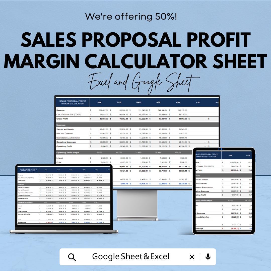 Sales Proposal Profit Margin Calculator Sheet | Excel and Google Sheets | Automated Template for Profitability, Cost & Revenue Analysis
