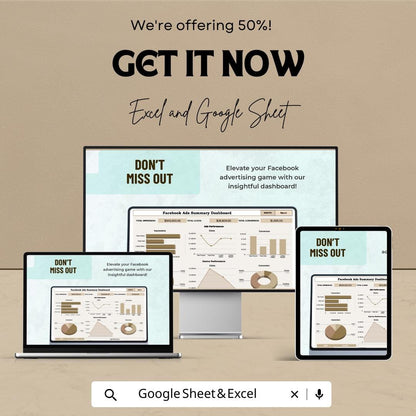 Facebook Ads Dashboard Template - Google Sheet for Facebook Advertising Insights - Marketing & ROI Tracker - Ads Performance Analysis Tool