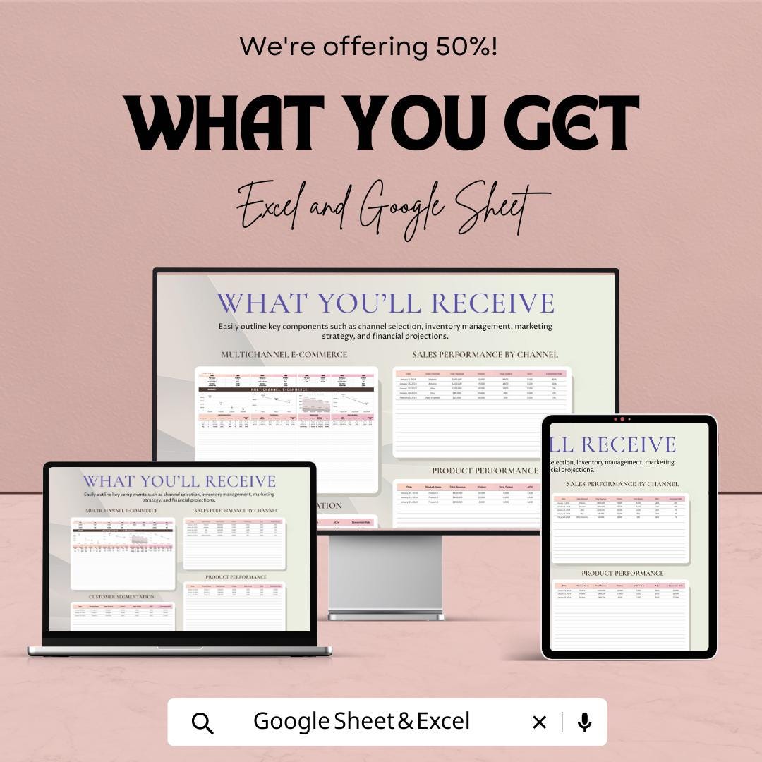 Multichannel E-commerce Dashboard Template, Online Store Sales Tracker, Excel & Google Sheets E-commerce Analytics Spreadsheet