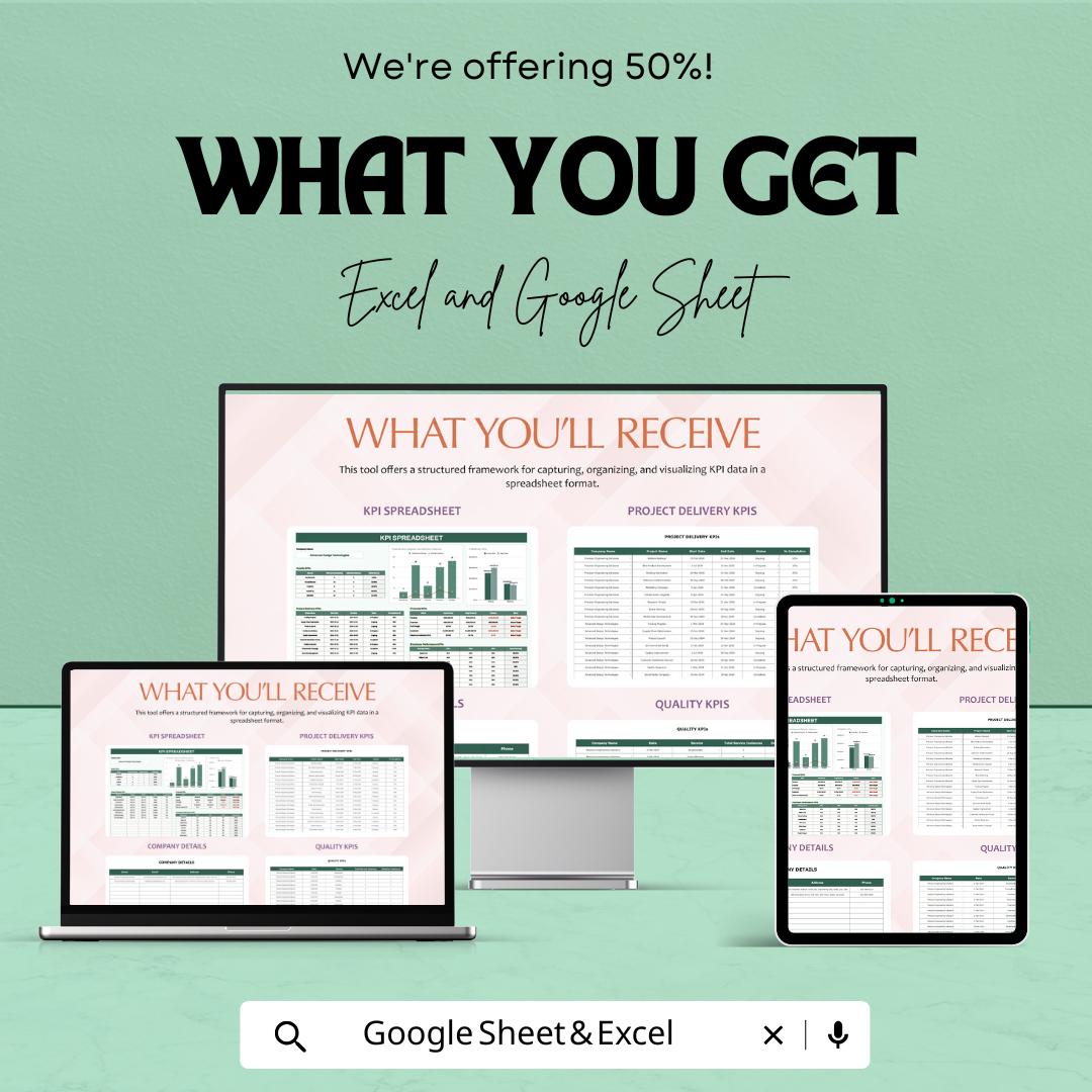 KPI Spreadsheet Template | Google Sheets & Excel Dashboard | Business KPI Tracker | Performance Metrics Report Template
