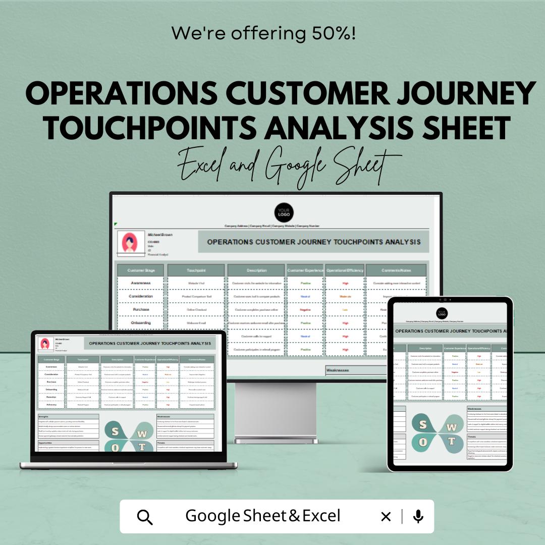 Operations Customer Journey touchpoints Analysis Sheet | Excel and Google Sheets Template | Optimize Customer Experience & analyze