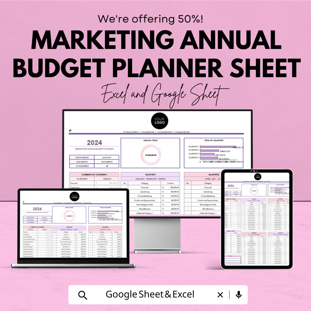 Marketing Annual Budget Planner Sheet | Financial Planning Template | Budget Allocation Excel & Google Sheets | Business Strategy Tool