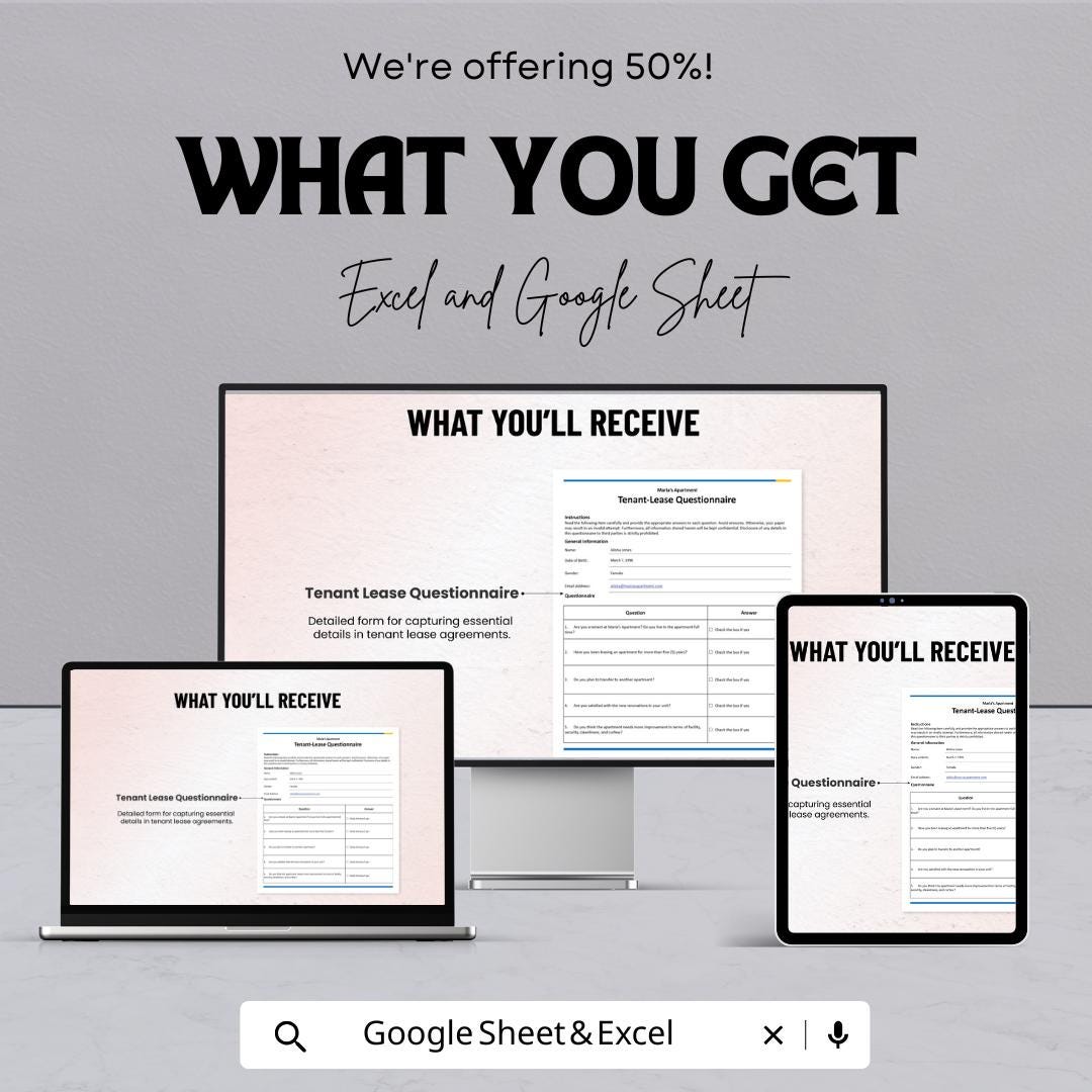 Tenant-Lease Questionnaire Sheet | Excel & Google Sheet | Tenant Information Form | Lease Agreement Form | Rental Management Tool