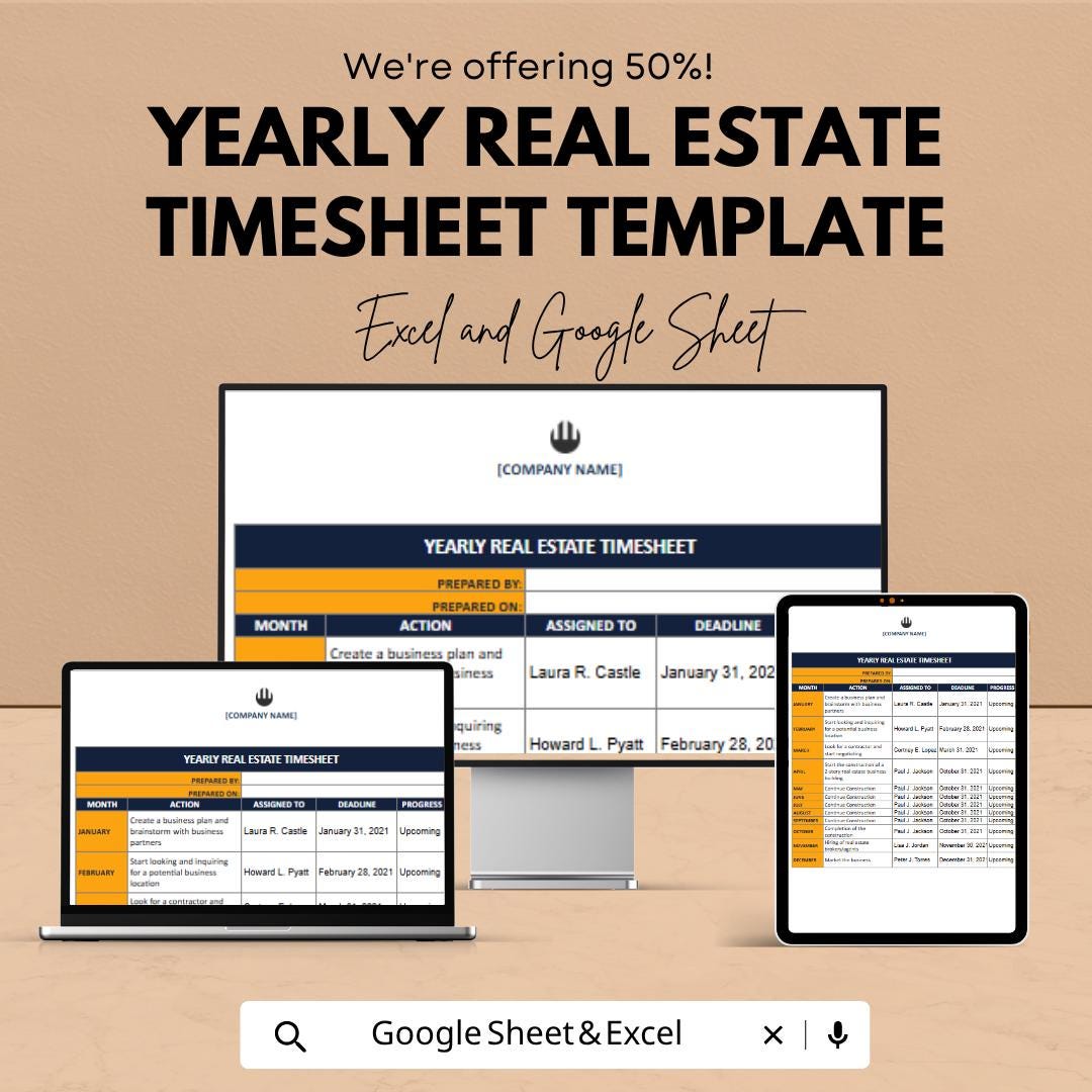Yearly Real Estate Timesheet Template | Agent Task Tracker | Annual Business Planning Spreadsheet