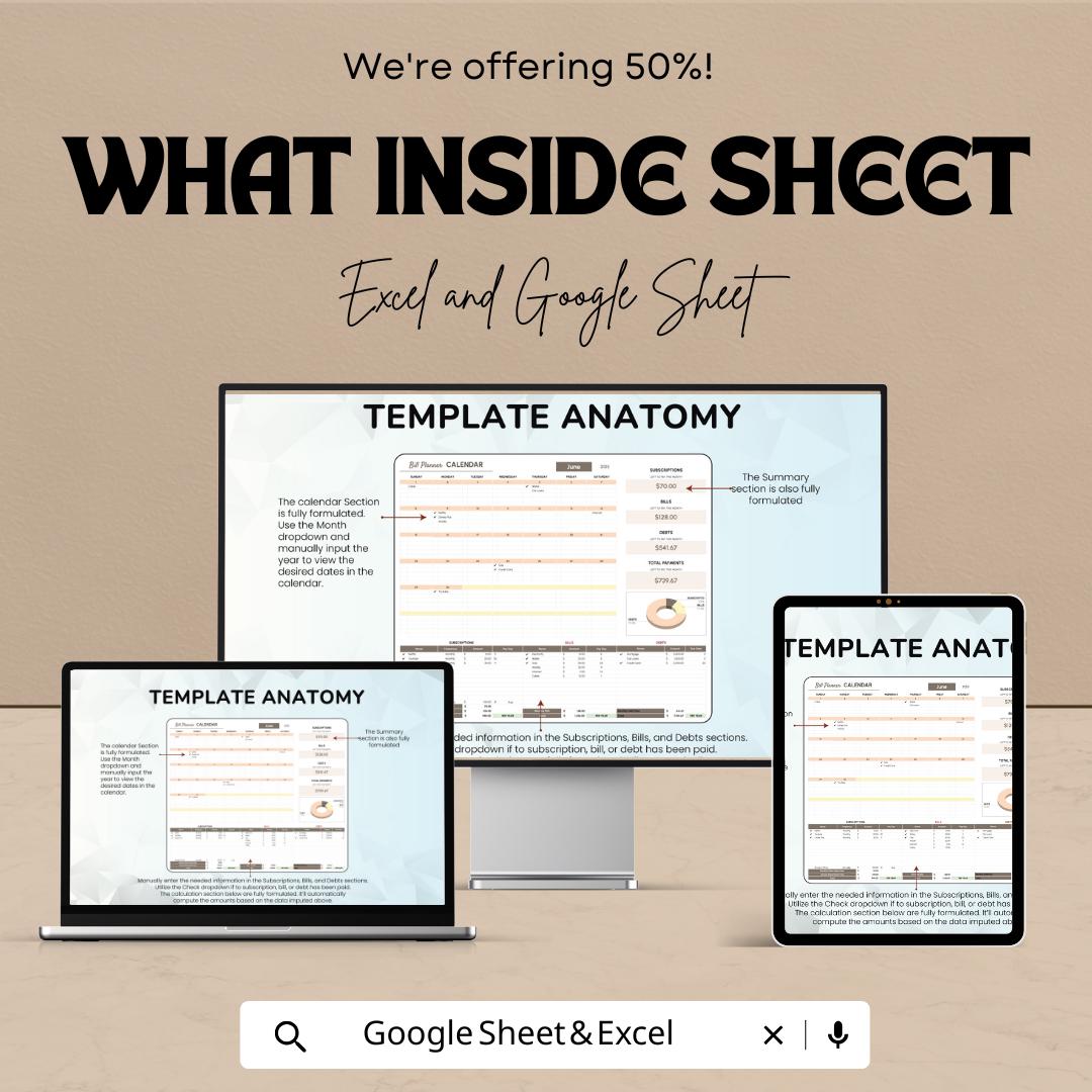 Bill Planner Calendar Sheet for Excel & Google Sheets | Monthly Bill Tracker Template | Budget Planner | Instant Download
