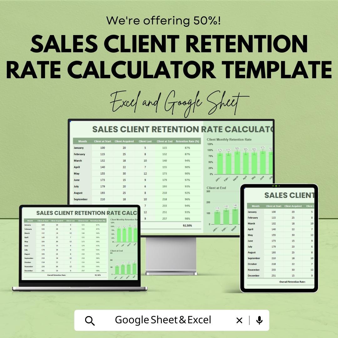 Sales Client Retention Rate Calculator Template | Customer Retention Tracker | Monthly Retention Dashboard | Excel & Google Sheets