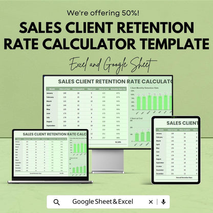 Sales Client Retention Rate Calculator Template | Customer Retention Tracker | Monthly Retention Dashboard | Excel & Google Sheets