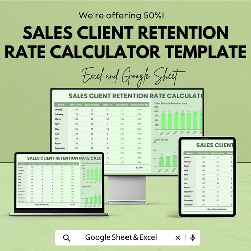 Sales Client Retention Rate Calculator Template | Customer Retention Tracker | Monthly Retention Dashboard | Excel & Google Sheets