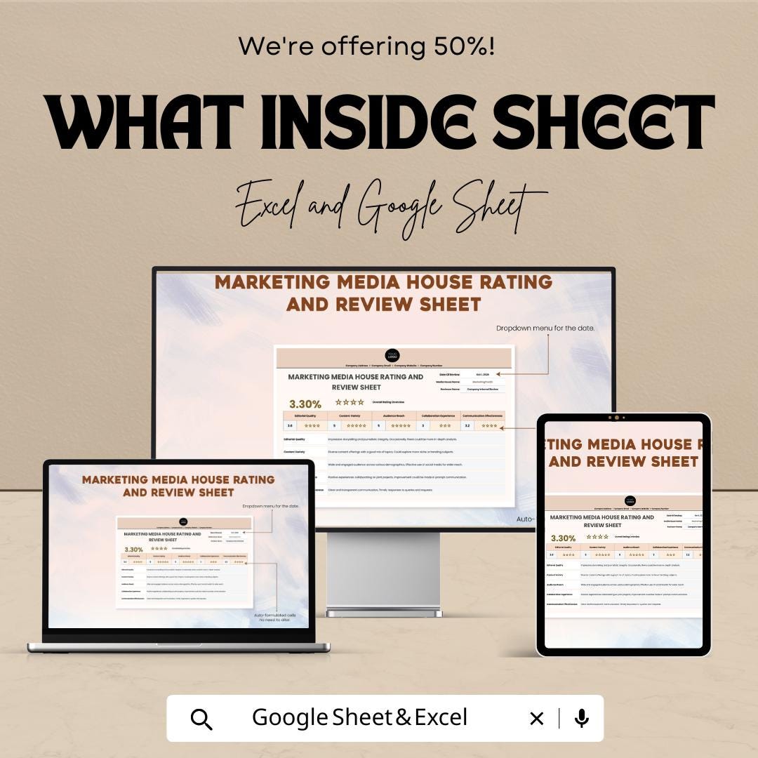 Marketing Media House Rating and Review Sheet Template | Google Sheets & Excel | Marketing KPI Tracker | Media Evaluation Report Template
