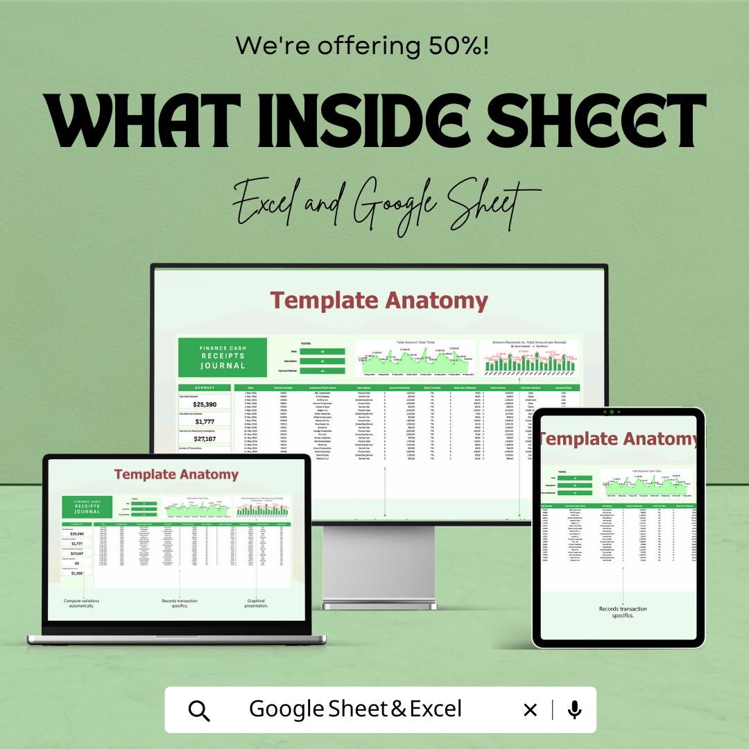 Finance Cash Receipts Journal Template, Excel & Google Sheets, Cash Receipt Tracker, Accounting Journal Spreadsheet, Business Income Log