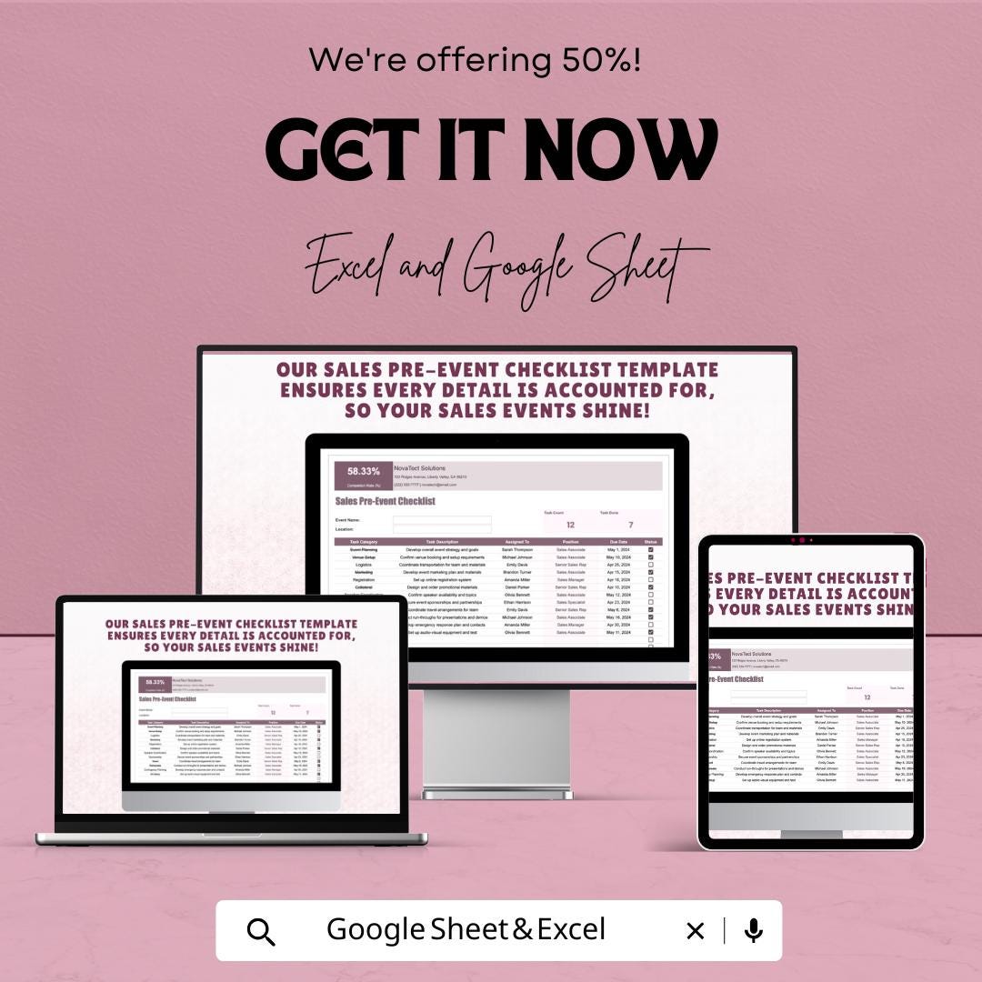 Sales Pre-Event Checklist Template, Event Planning Tracker, Sales Event Organizer, Task Management Sheet, Excel and Google Sheets