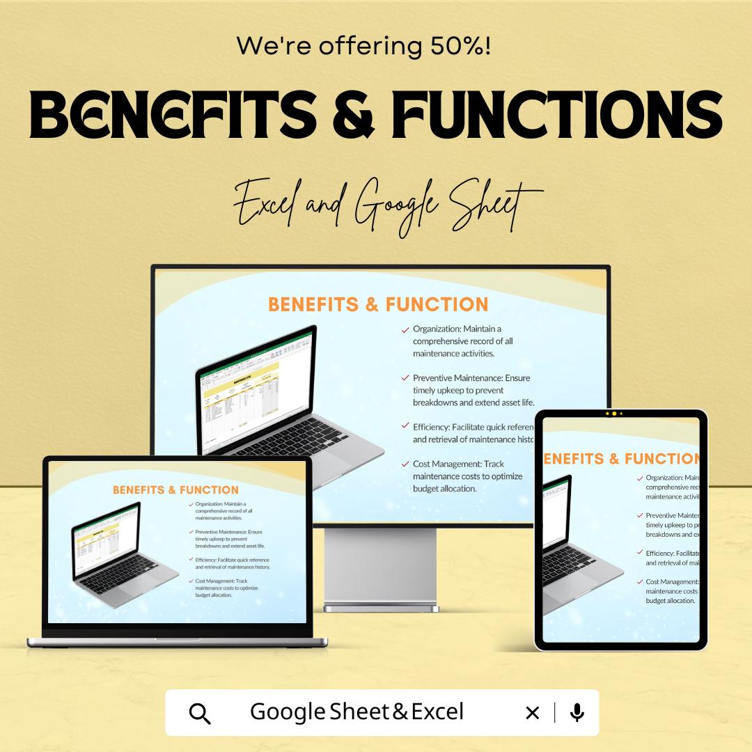 Maintenance Log Sheet | Asset Tracking Template | Equipment and Maintenance Management | Excel & Google Sheets Template | Auto-Calculation
