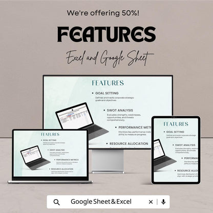 Corporate Strategic Planning Template, Business Strategy Tracker, SWOT & KPI Planning Sheet, Strategy Dashboard