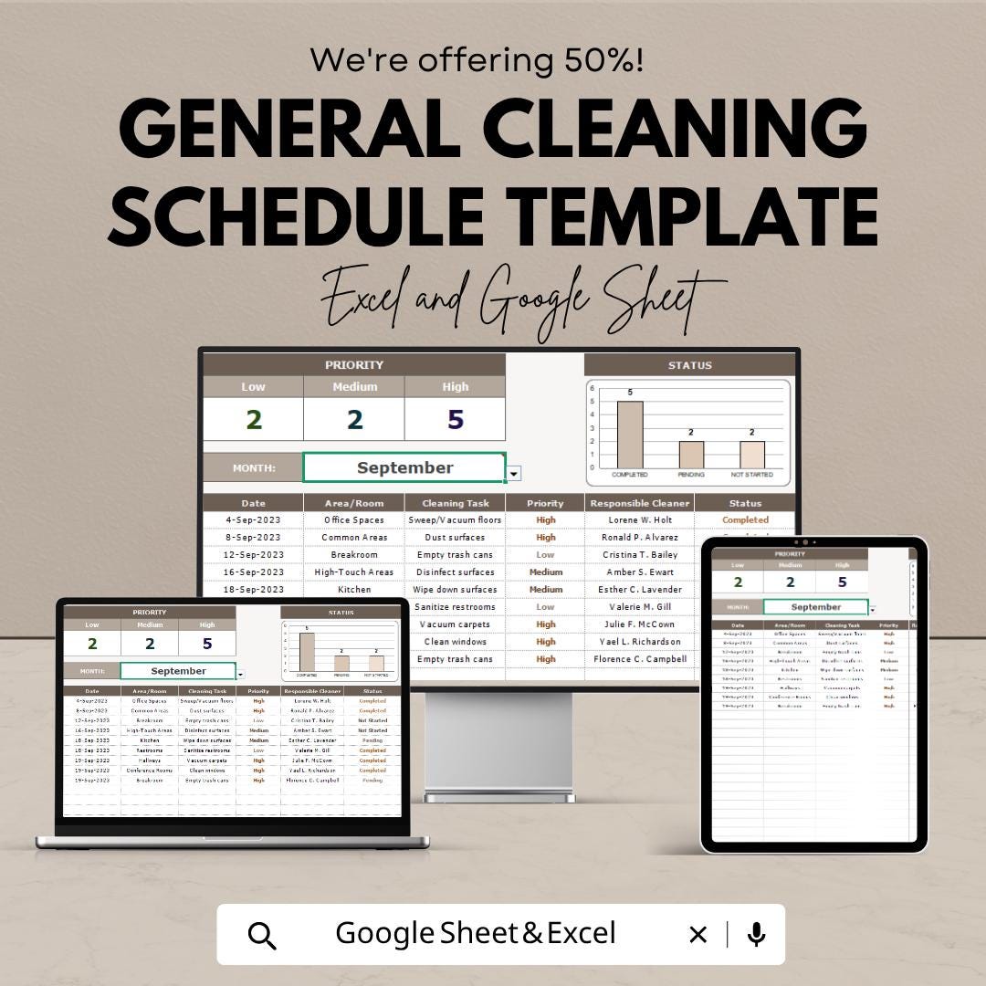General Cleaning Schedule Template | Cleaning Checklist Spreadsheet | Home Cleaning Planner | Cleaning Log Tracker