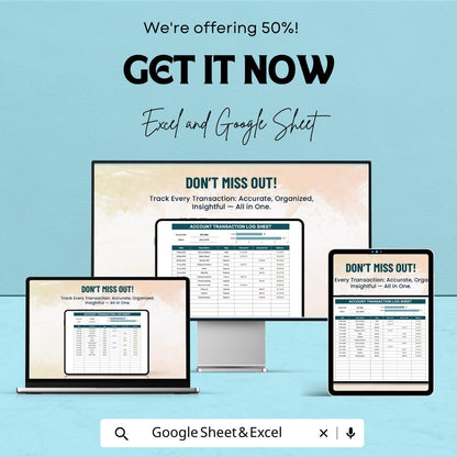 Account Transaction Log Sheet Template | transaction Tracker | Income Expense Log | Finance Tracking Spreadsheet | Account Ledger Template